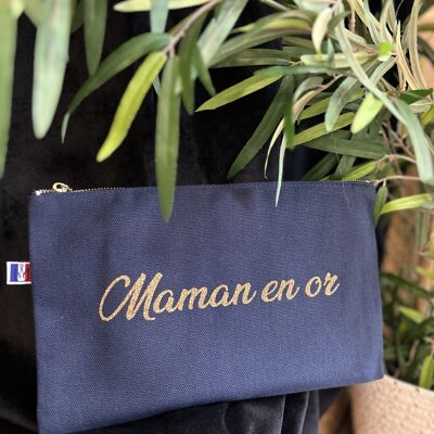 Navy zipped pouch "Mom in gold" - Mother's Day