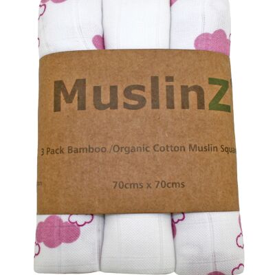 MuslinZ 3pk Bambou/Coton Bio Carrés de Mousseline Rose Lavande Imprimé Nuage