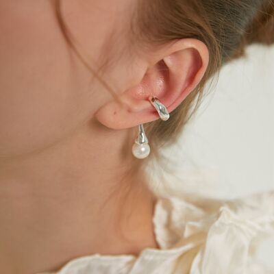 Ear Cuff de Línea Geométrica Única con Perla - Una Pieza