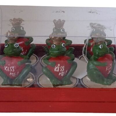 LOT DE 6 BOUGIES "GRENOUILLES" DANS COFFRET CADEAU EN BOIS DIMENSION : 15x11x7cm (emballage) / 4x6cm (cire) CA-234