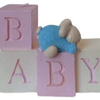 CANDELA ROSA "BABY" CON CONIGLIETTO BLU E CUBI DIMENSIONE: 10x4x7cm CA-236A