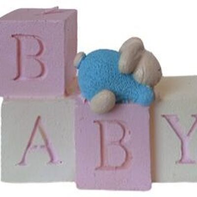 PINK CANDLE "BABY" WITH BLUE BUNNY AND CUBES DIMENSION: 10x4x7cm CA-236A