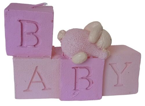 PINK CANDLE "BABY" WITH PINK BUNNY AND CUBES DIMENSION: 10x4x7cm CA-236B