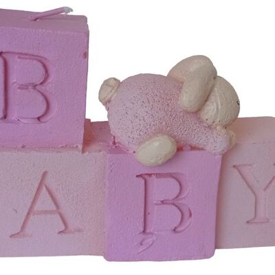 PINK CANDLE "BABY" WITH PINK BUNNY AND CUBES DIMENSION: 10x4x7cm CA-236B