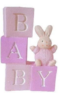 CANDELA ROSA "BABY" CON CONIGLIETTO E CUBI DIMENSIONE: 10x6x3cm CA-237B