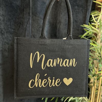 Borsa tote grande in iuta nera "Darling Mom" ​​​​- Festa della mamma