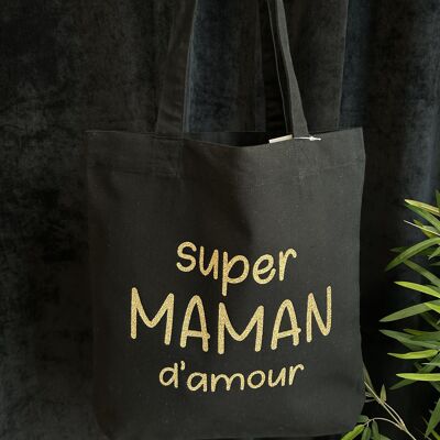 Tote bag Noir " Super maman d'amour" - Fête des mères