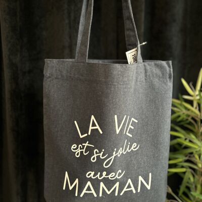 Denim blue tote bag "Life is so beautiful with mom" - Mother's Day