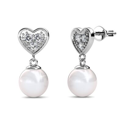 Pearl Heart Earrings - Silver and Crystal