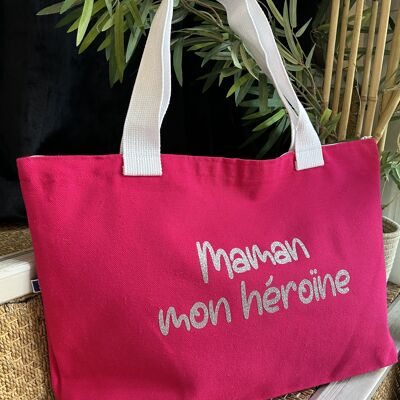 Fuschia shopping bag "Mom my heroine" - Mother's Day