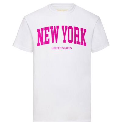 T-shirt New York in velluto rosa fluo