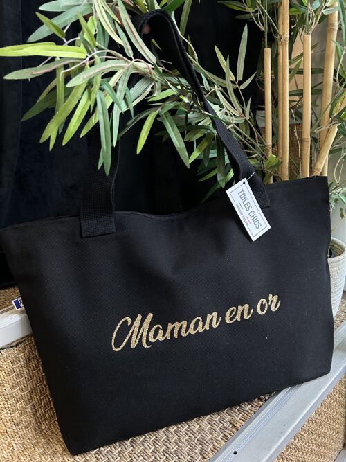 Sac cabas noir " Maman en or" - Fête des mères