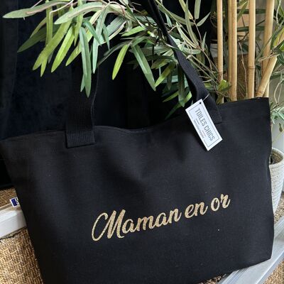 Sac cabas noir " Maman en or" - Fête des mères