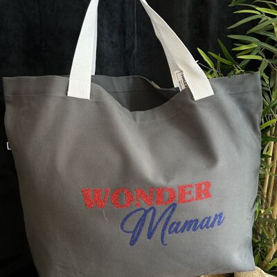 Large anthracite "Wonder Maman" shopping bag - Mother's Day