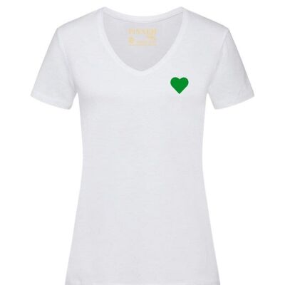 T-Shirt mit V-Ausschnitt, grünes Samtherz