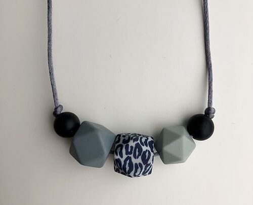 Leopard 5 bead Teething Necklace - grey cord and clasp