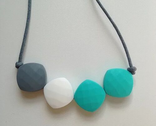 Grey, White and Turquoise quadrate teething bead necklace