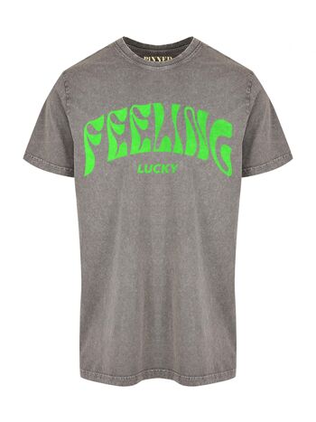 T-shirt Délavé Feeling Lucky Velours Vert Fluo 1