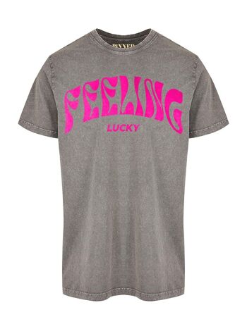 T-shirt Délavé Feeling Lucky Velours Rose Fluo 1