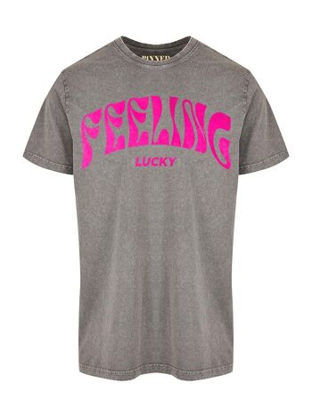 T-shirt Délavé Feeling Lucky Velours Rose Fluo 5