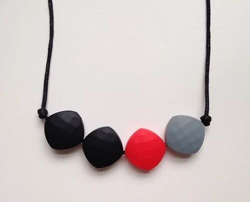 Red, Grey, and Black quadrate teething bead necklace