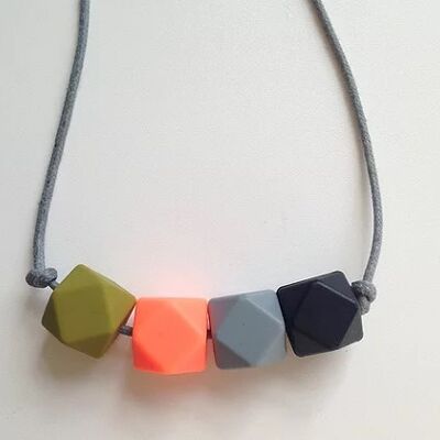 Khaki, neon orange, grey & black hexagon bead teething necklace