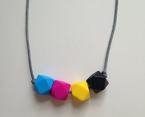 Sky blue, fuchsia, yellow & black hexagon bead teething necklace
