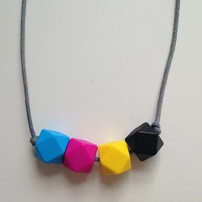 Sky blue, fuchsia, yellow & black hexagon bead teething necklace