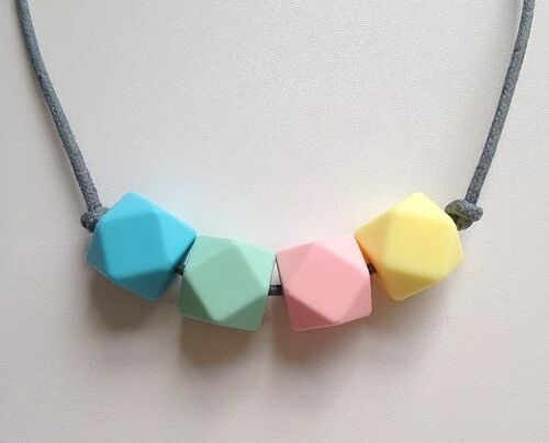 Azure, mint green, pale pink & pale yellow hexagon bead teething necklace