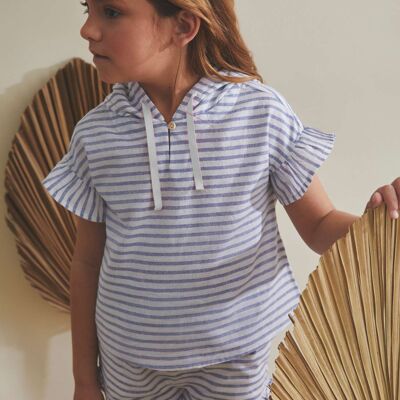 Girl's blouse with white and blue striped hood K132-21414061