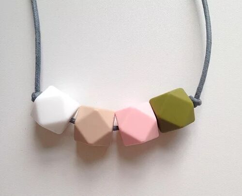 Snow White, Oatmeal, Pale Pink and Khaki hexagon bead teething necklace
