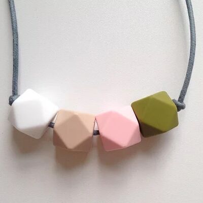 Snow White, Oatmeal, Pale Pink and Khaki hexagon bead teething necklace