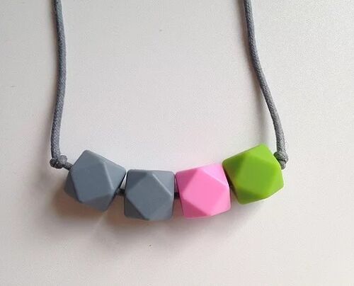 Grey, pink & chartreuse hexagon bead teething necklace
