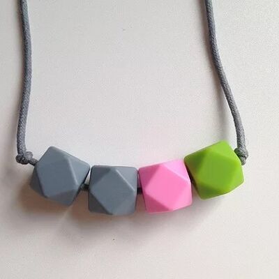 Grey, pink & chartreuse hexagon bead teething necklace