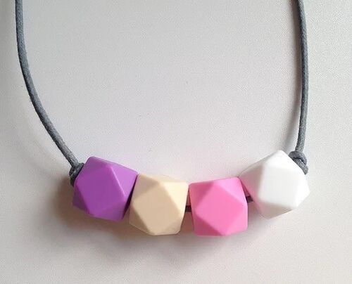 Lilac, Oatmeal, Pink & Snow White hexagon bead teething necklace