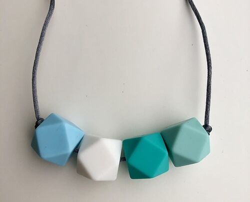 Ice blue, snow white, turquoise & azure hexagon bead teething necklace