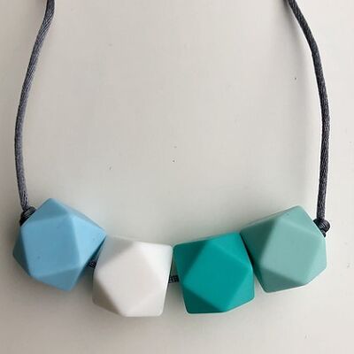 Ice blue, snow white, turquoise & azure hexagon bead teething necklace