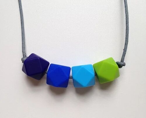 Navy, ultramarine, blue & green hexagon bead teething necklace