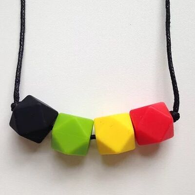 Collier de dentition perles hexagonales noires, vertes, jaunes et rouges
