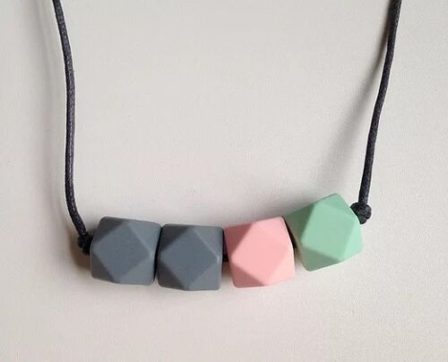 Mint green, pale pink and grey hexagon bead teething necklace