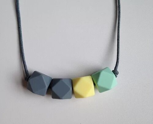 Mint green, pale yellow and grey hexagon bead teething necklace