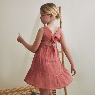 Robe fille plumeti corail nouée au dos K176-21423065