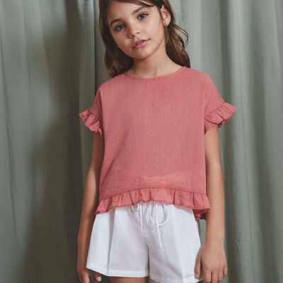 Blusa da bambina in plumeti corallo K100-21423095