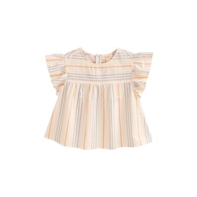 Ecru girl's blouse with blue and camel stripes K175-21408071