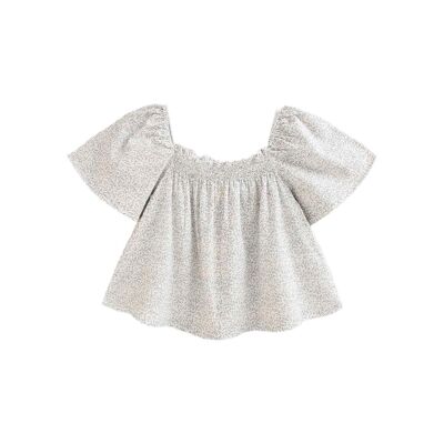 Blusa da bambina bianca con stampa di foglie grigie K67-21409035