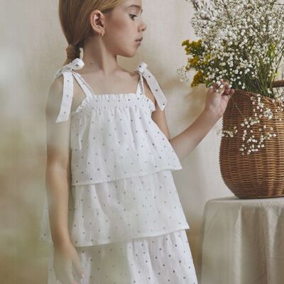 Girl's dress with white ruffles and gray polka dots K70-21409071