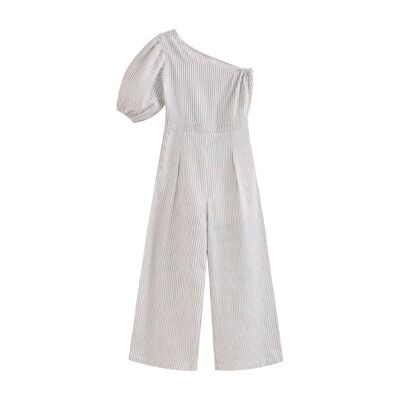 Teen girl's long white jumpsuit with gray stripes K71-21409155