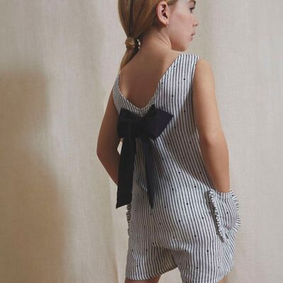 Girl's white jumpsuit with gray stripes and black polka dots K117-21410141