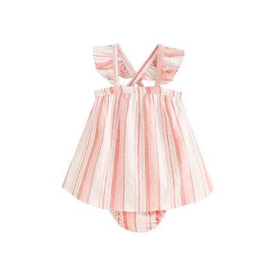 Baby girl dress with striped panties in coral tones K124-21411052