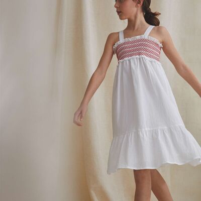 White midi teen girl dress with red honeycomb K150-21405115